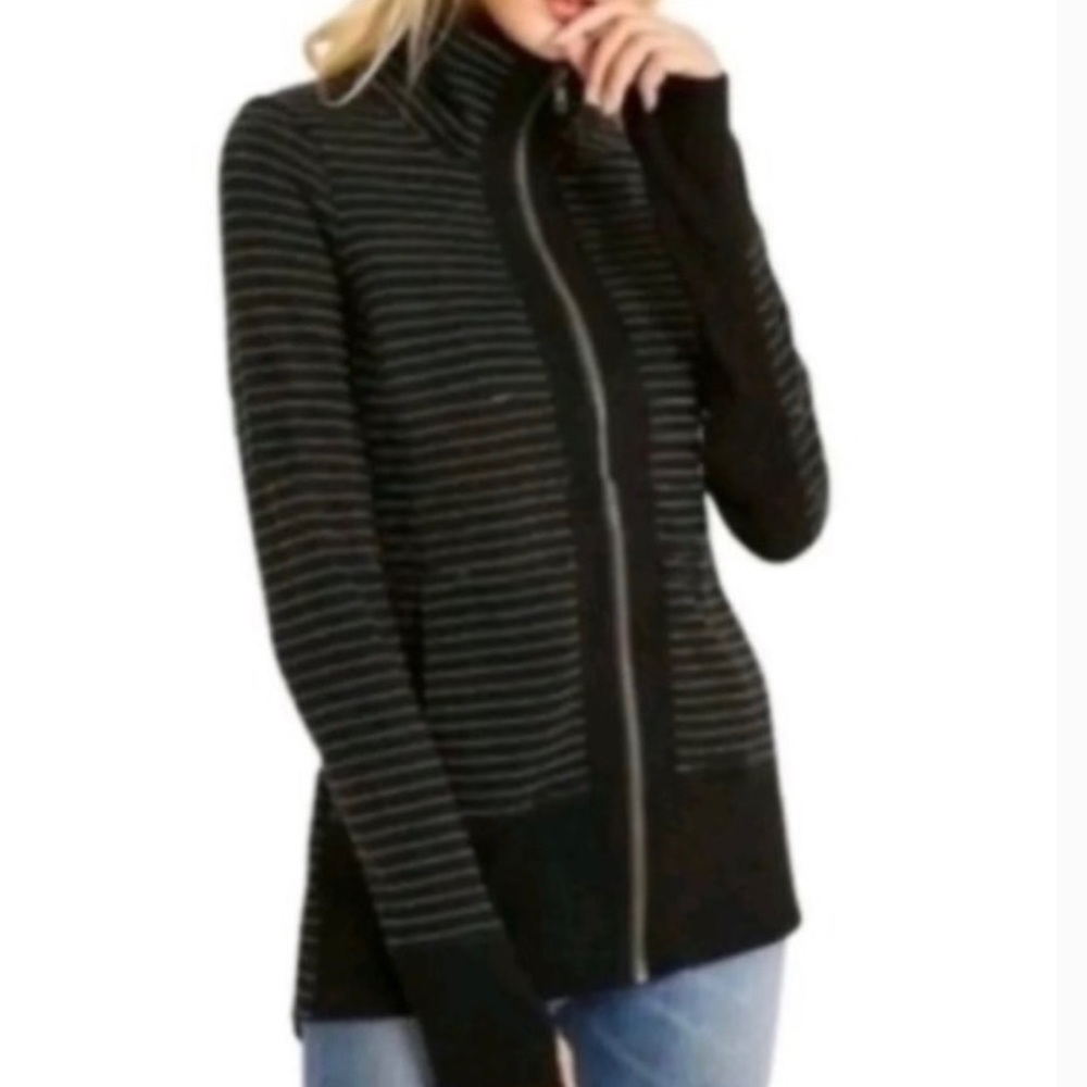 Black and grey striped CAbi jacket. Size medium.